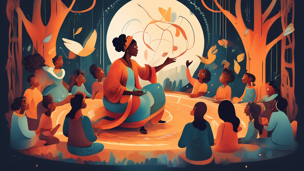 An illustration of a storyteller weaving a tale that captivates an audience of diverse listeners, showcasing creativity, imagination, and engagement with t