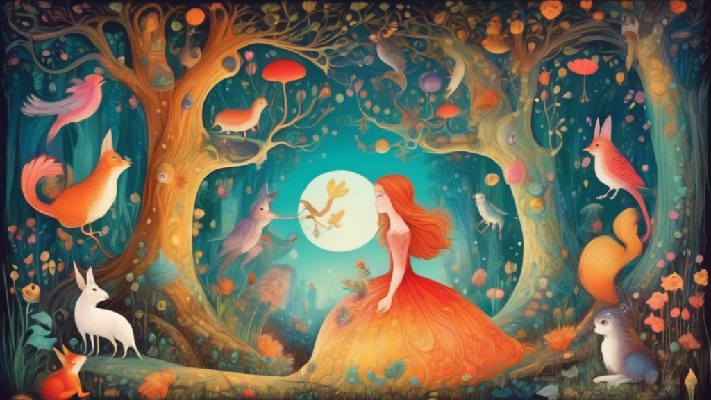 A whimsical and enchanting image that explores the magical world of fairy tales, filled with vibrant colors, fantastical creatures, and otherworldly landsc