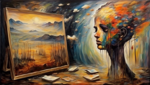 Art analysis and description in literature as a painting depicting shades of emotional expression and introspective surrealism, evoking psychological depth