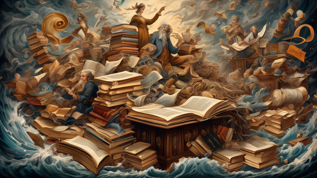 A classical artwork depicting literary classics in the form of a tumultuous sea of books, scrolls, and quills, with prominent figures of renowned authors a