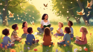 A group of children sitting in a circle in a field, listening to a woman reading from a book of poetry. The children are all smiling and attentive, and the