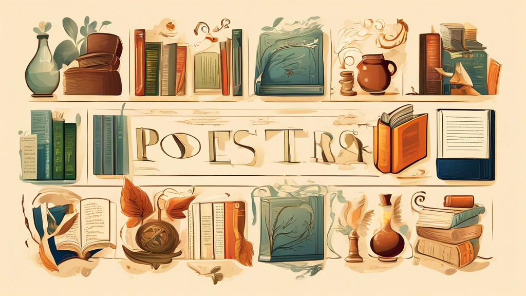 An illustration featuring different literary genres. Include symbols or elements that represent poetry, prose, drama, fiction, and non-fiction.