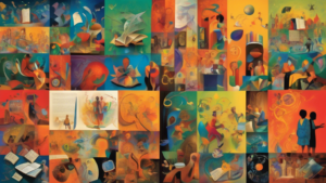 A vibrant and dynamic montage that visually illustrates the profound interconnectedness between literature and the myriad aspects of human life and the wor