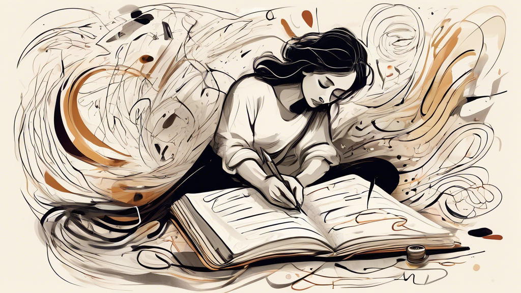 A person writing in a journal, with a quill pen and inkwell, surrounded by flowing ribbons of text and abstract shapes representing their emotions and expe